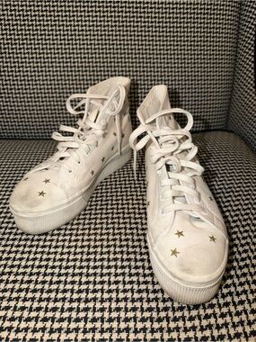 Superga White High-Top Platform Sneakers with Gold Star Details